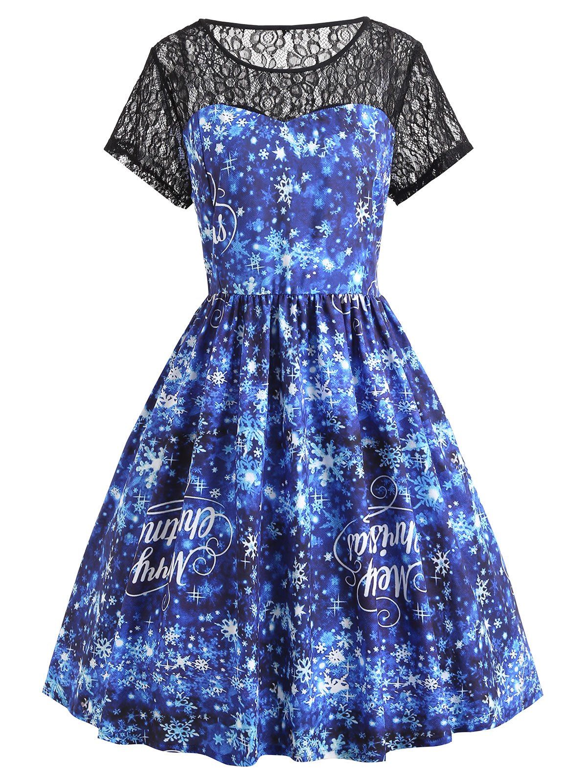 Christmas Letter Snowflake Lace Yoke Plus Size Dress, Blue