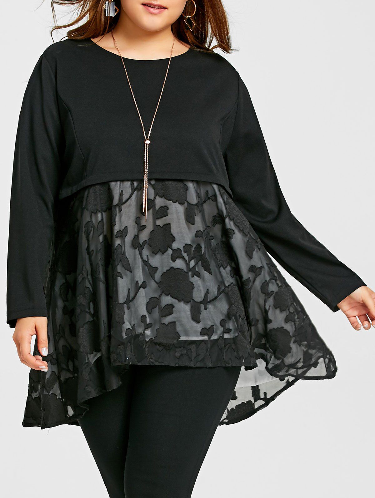 Floral Voile Panel Plus Size Smock Top, Black