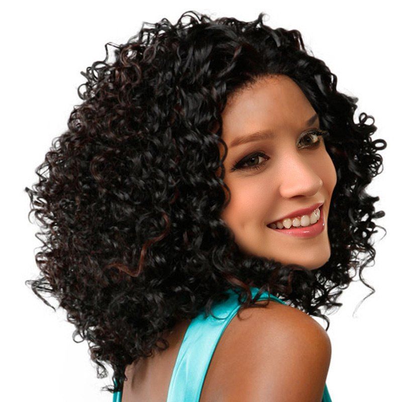 

Medium Inclined Bang Fluffy Colormix Afro Kinky Curly Synthetic Wig, Black and brown