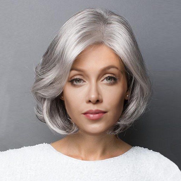 

Short Side Parting Fluffy Slightly Curled Bob Synthetic Wig, Frost