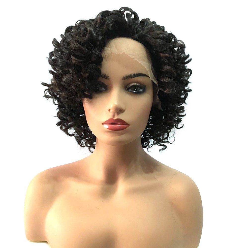 

Short Side Bang Fluffy Colormix Kinky Curly Synthetic Lace Front Wig, Black and brown
