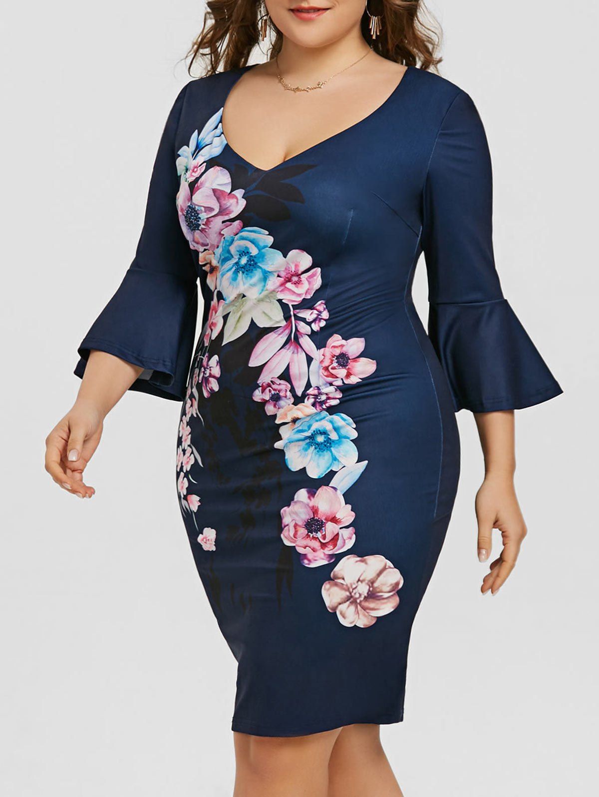 Flare Sleeve Floral Plus Size Pencil Dress, Deep blue