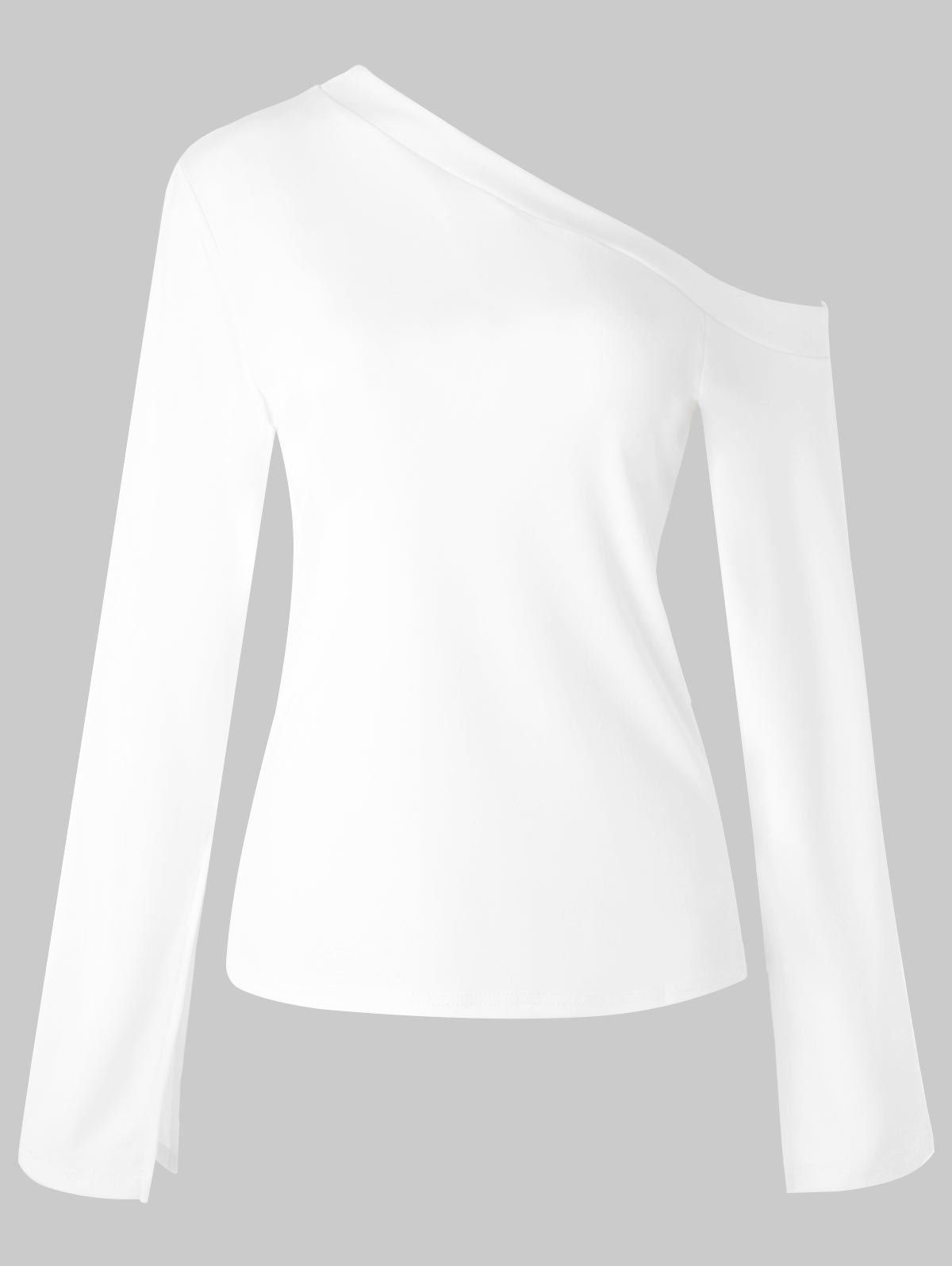 Skew Neck Long Sleeve Slim T-shirt, White