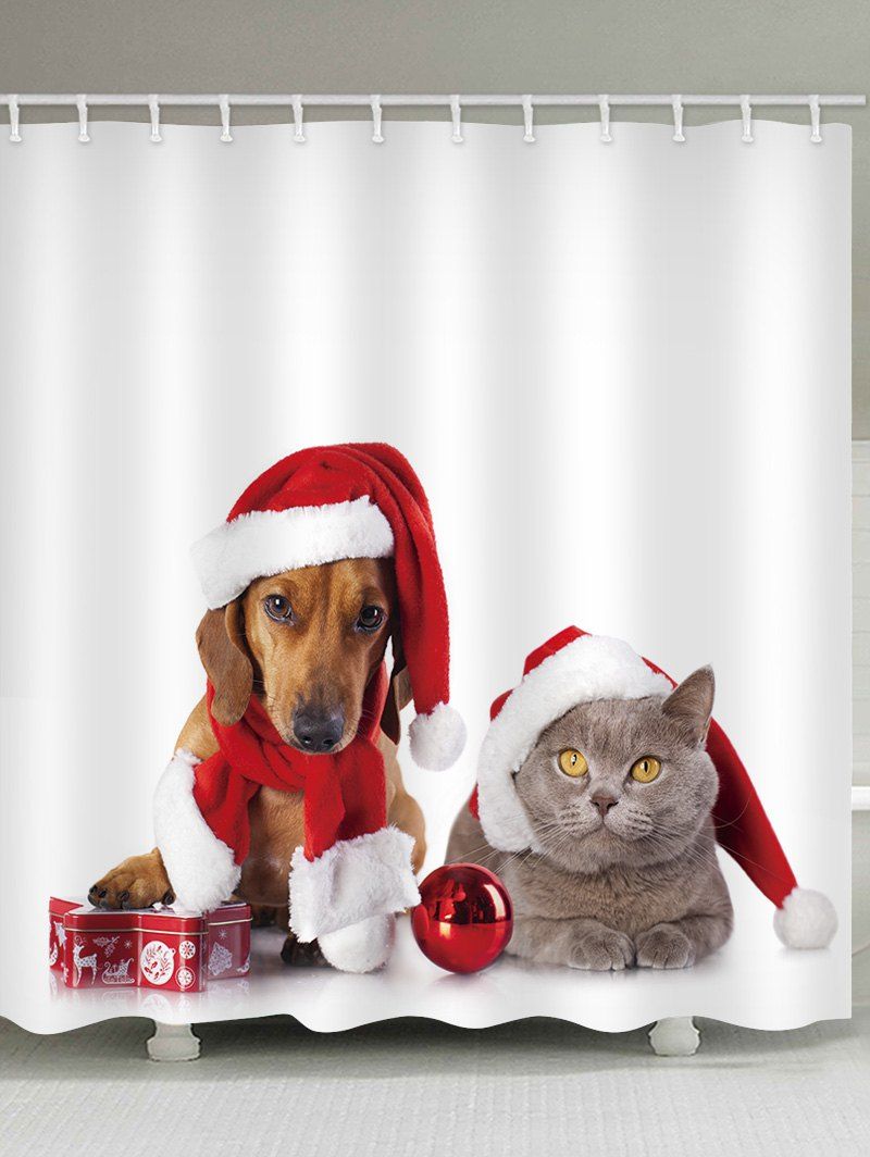 Christmas Cat and Dog Print Waterproof Bathroom Shower Curtain, Multi