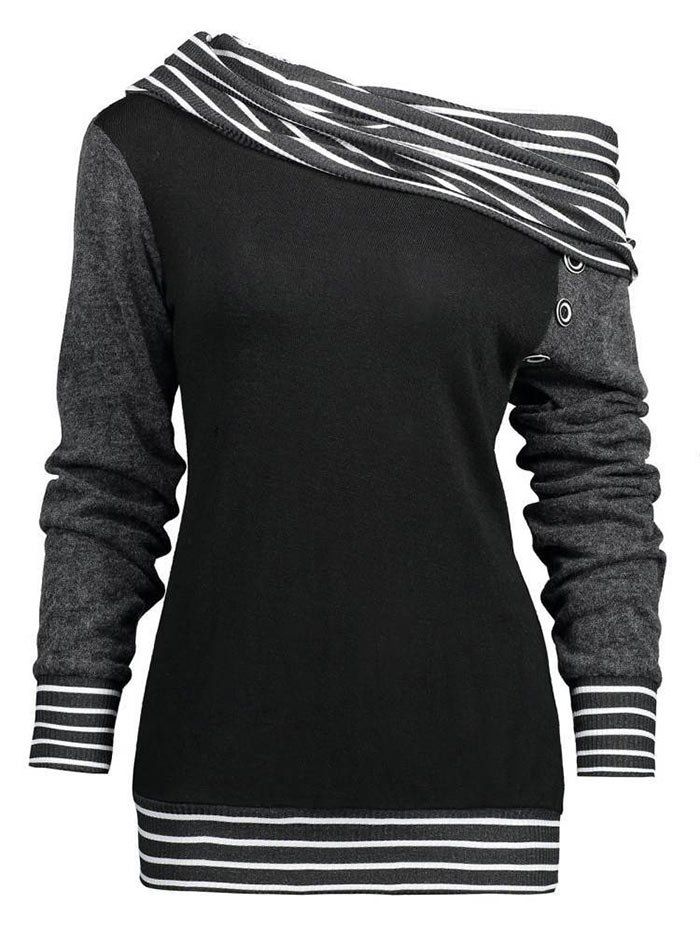 Skew Neck Striped Panel Sweatshirt, Gray