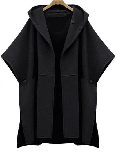 Plus Size Side Slit Hooded Coat, Black