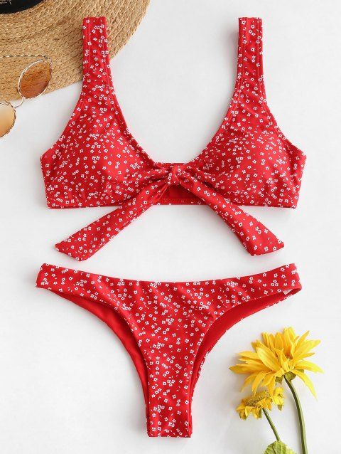 Off Front Knot Floral Low Cut Bikini Set In Red Dresslily