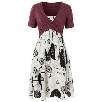 

Plus Size Floral Print Layered Cami Dress With Criss Cross Crop Top, Red wine
