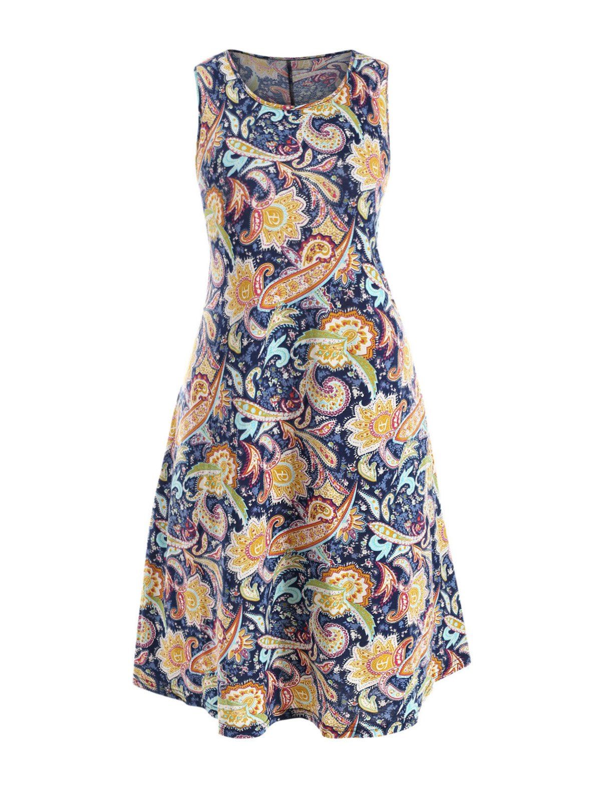 Paisley Printed Seam Pockets Plus Size Dress, Blue