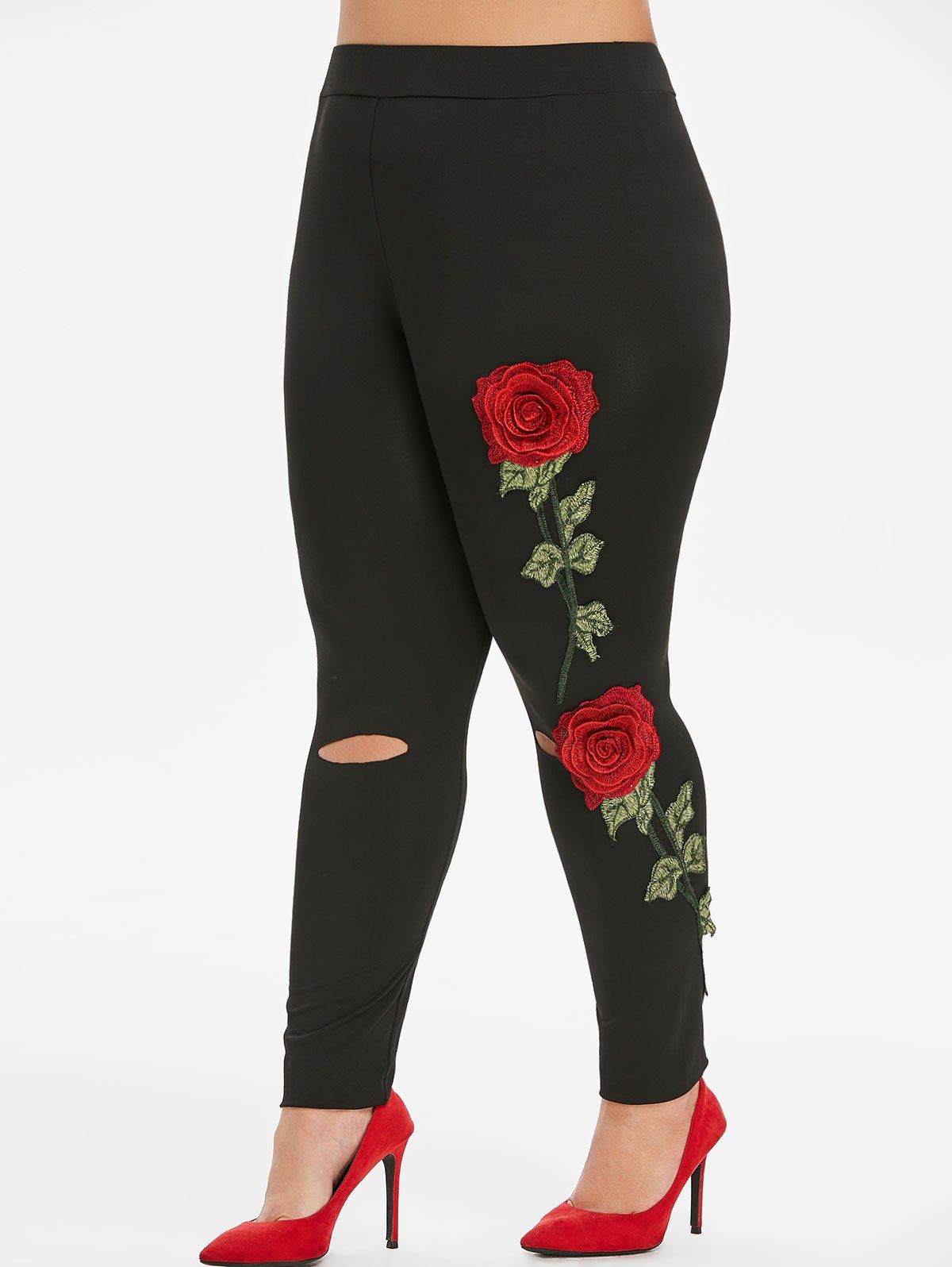 Off Floral Embroidery Ripped Plus Size Leggings In Black