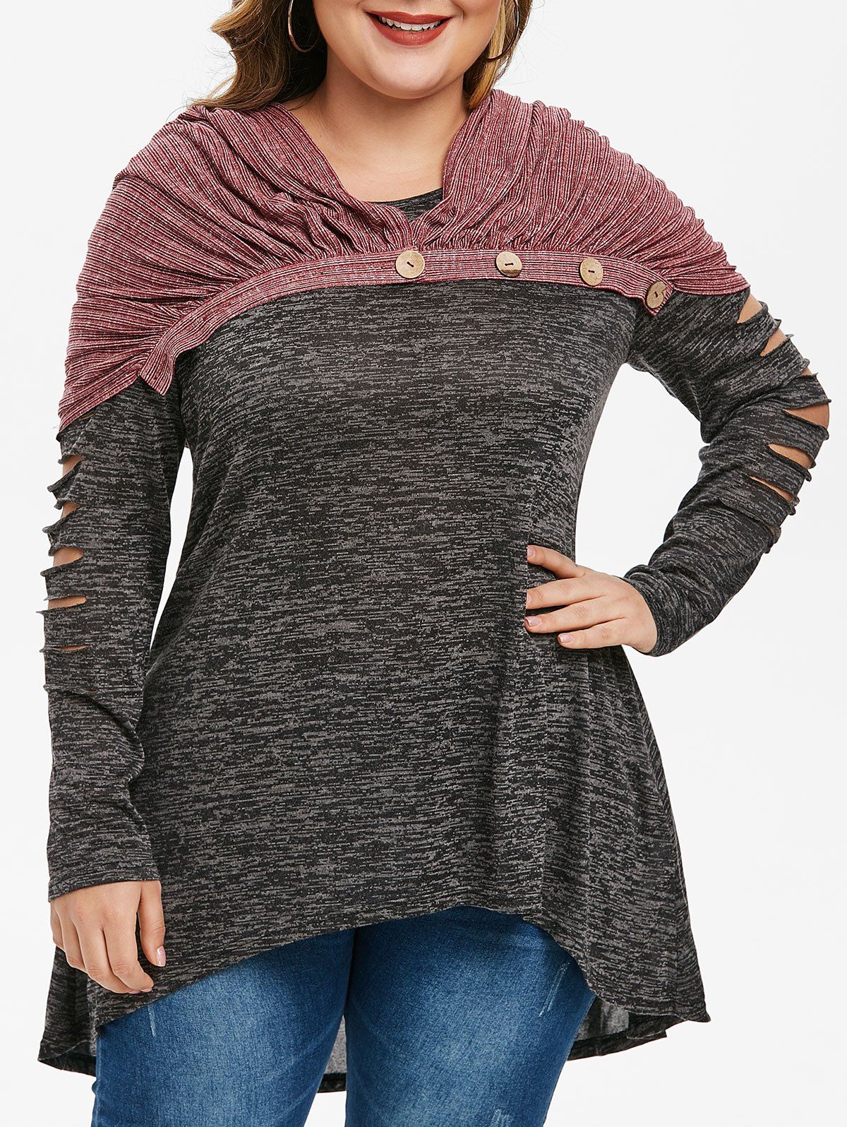 

Plus Size Ladder Cut Ripped Marled T Shirt With Button Scarf, Dark gray