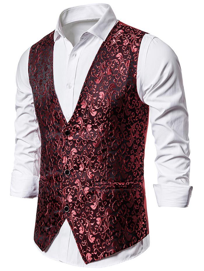 Jacquard Single Breasted Faux Pockets Vest, Red wine
