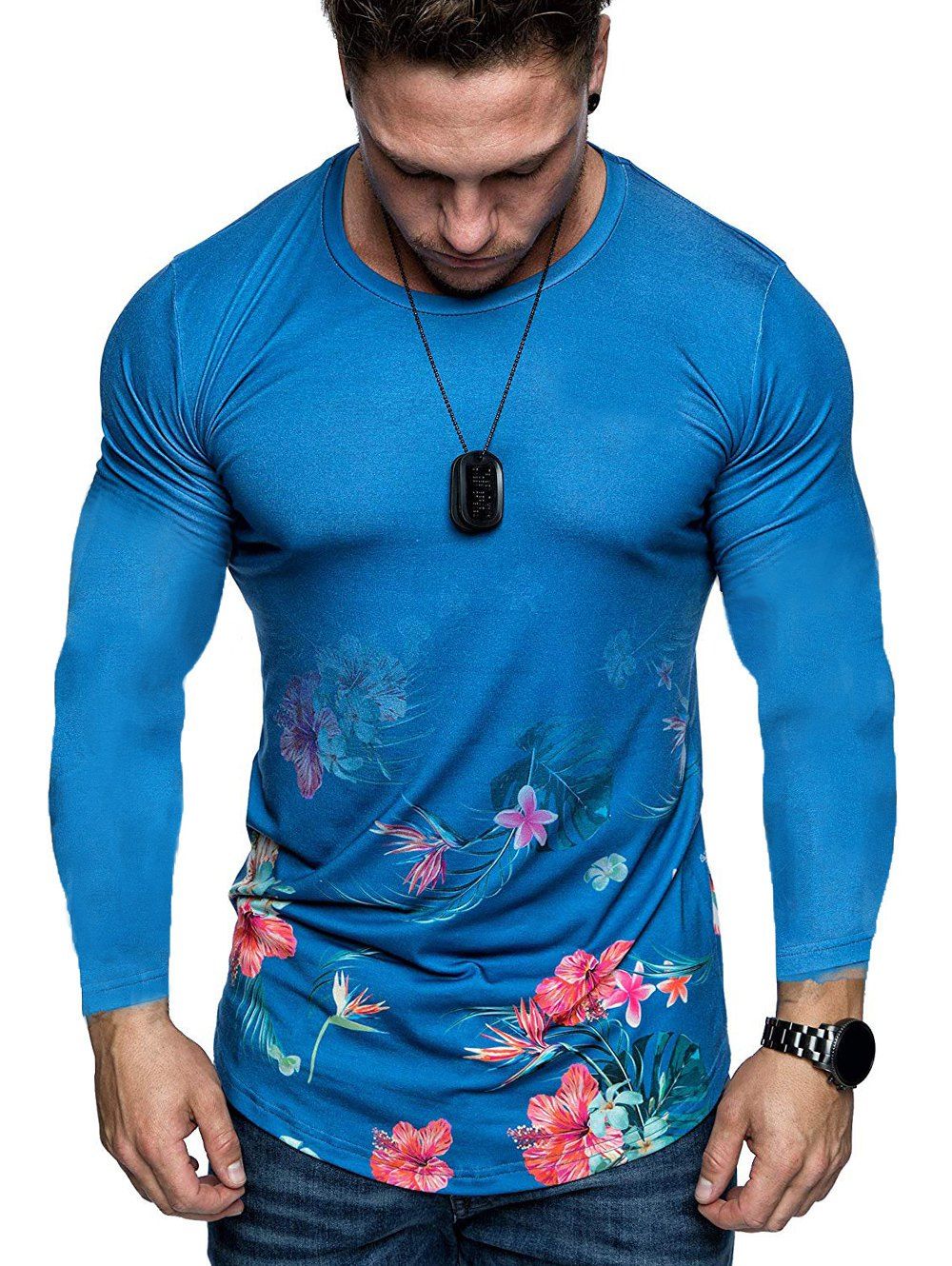 Flowers Printed Long Sleeve Slimming T-shirt, Blue gray