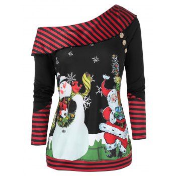 

Plus Size Christmas Skew Neck Snowman Santa Claus Sweatshirt, Red wine