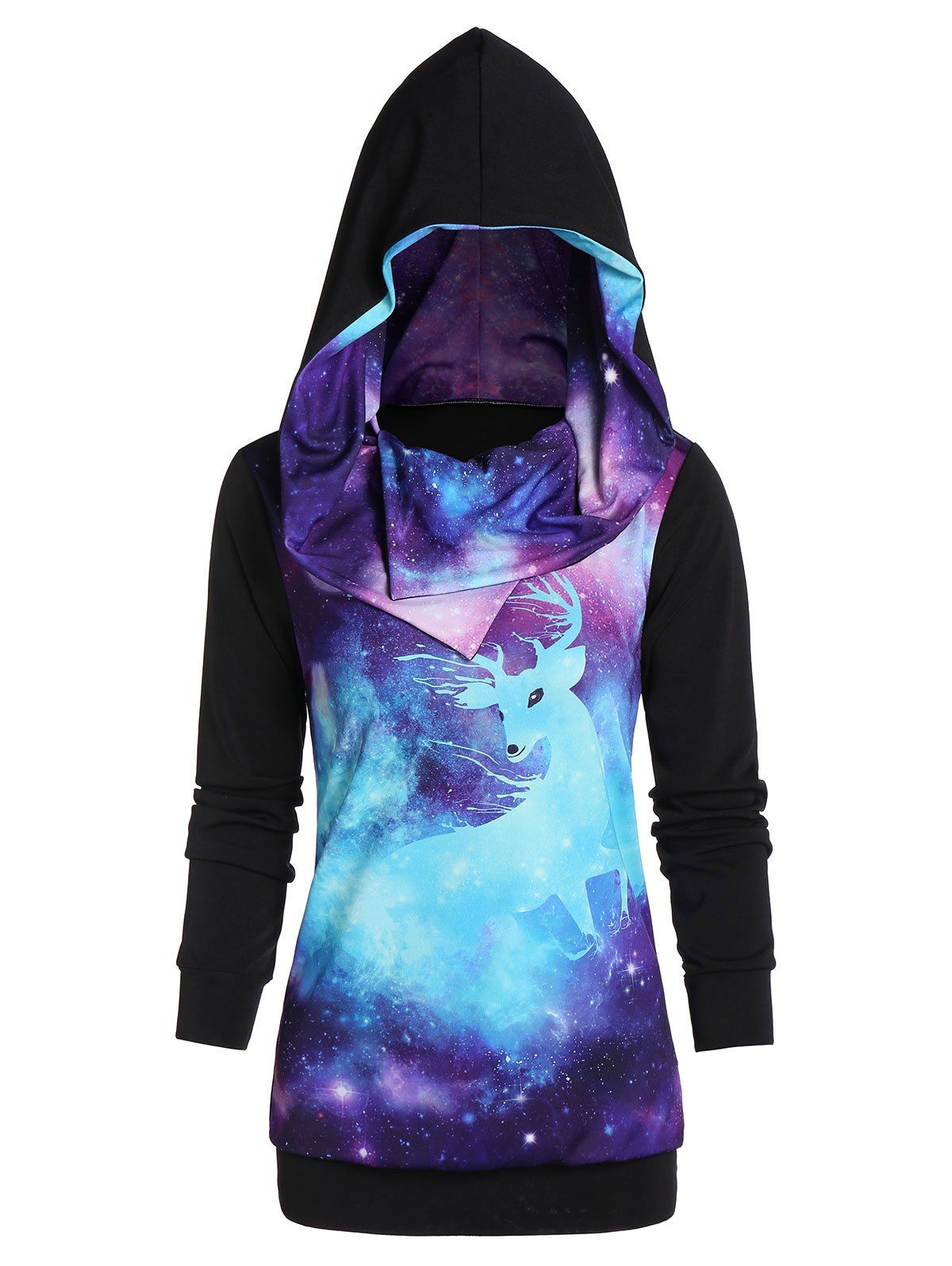 Galaxy Print Long Sleeve Tunic Hoodie, Black