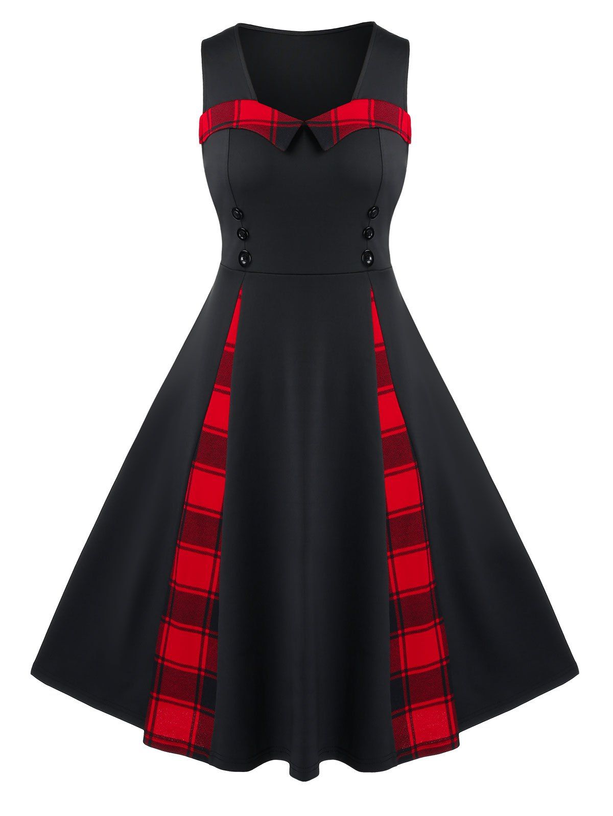 

Plus Size Checked Panel Fit And Flare Button Dress, Black