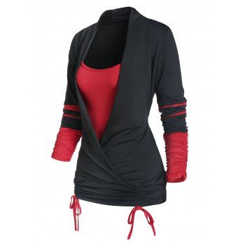 Cinched Contrast Colorblock Striped Long Sleeves Surplice Faux Twinset T-shirt, Black 
Cinched Contrast Colorblock Striped Long Sleeves Surplice Faux Twinset T-shirt, Black