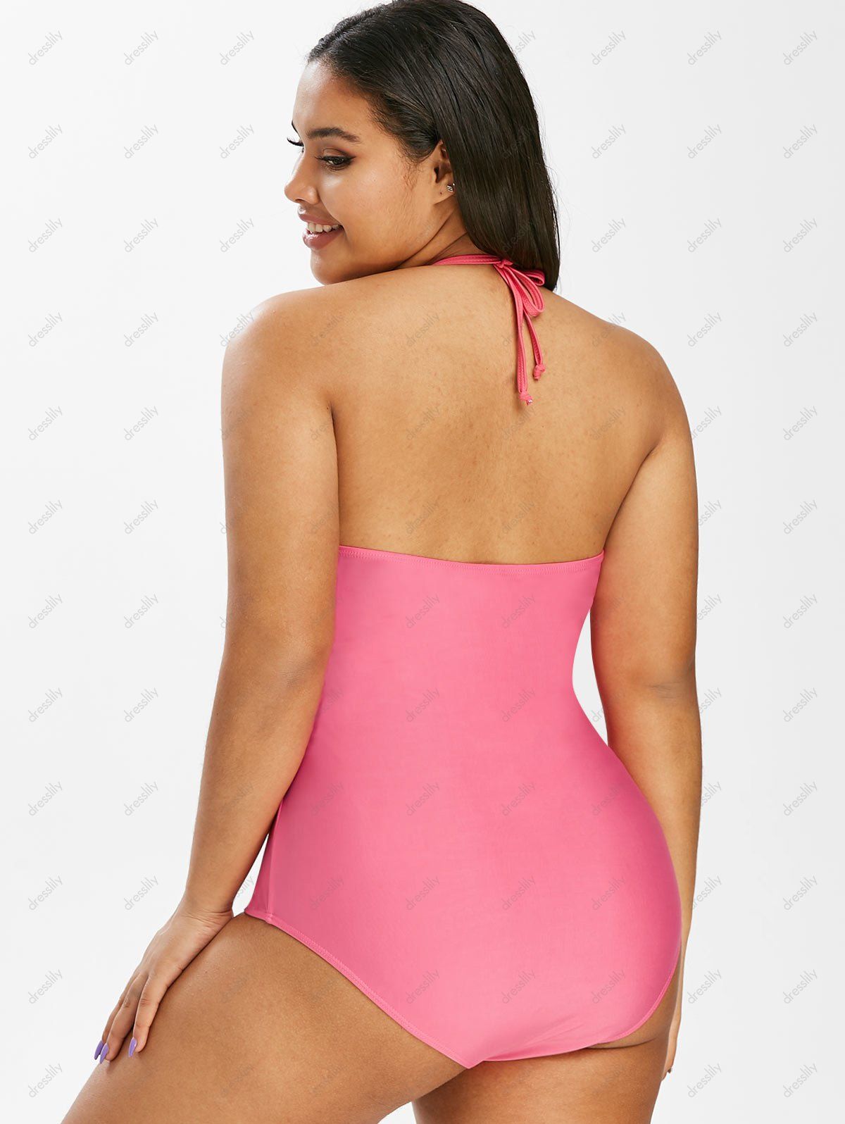 Off Plus Size Halter O Ring Ruched One Piece Swimsuit In Hot