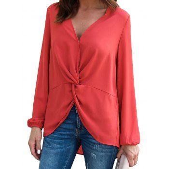 

Twisted Plunging High Low Blouse, Bean red