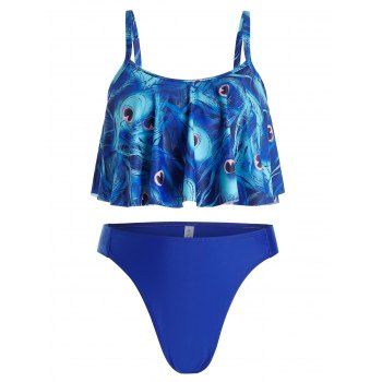 Plus Size Feather Print Ruffled Tankini Swimwear, Blueberry blue 
Plus Size Feather Print Ruffled Tankini Swimwear, Blueberry blue