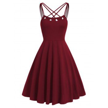 

Criss Cross Grommet High Waisted Flare Cami Dress, Red wine