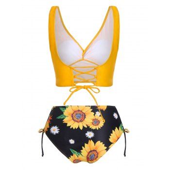 Bright Swimsuit Sunflower Floral Print Crossover Lace Up Plunging Neck Tankini Swimwear, Orange gold
Bright Swimsuit Sunflower Floral Print Crossover Lace Up Plunging Neck Tankini Swimwear, Orange gold