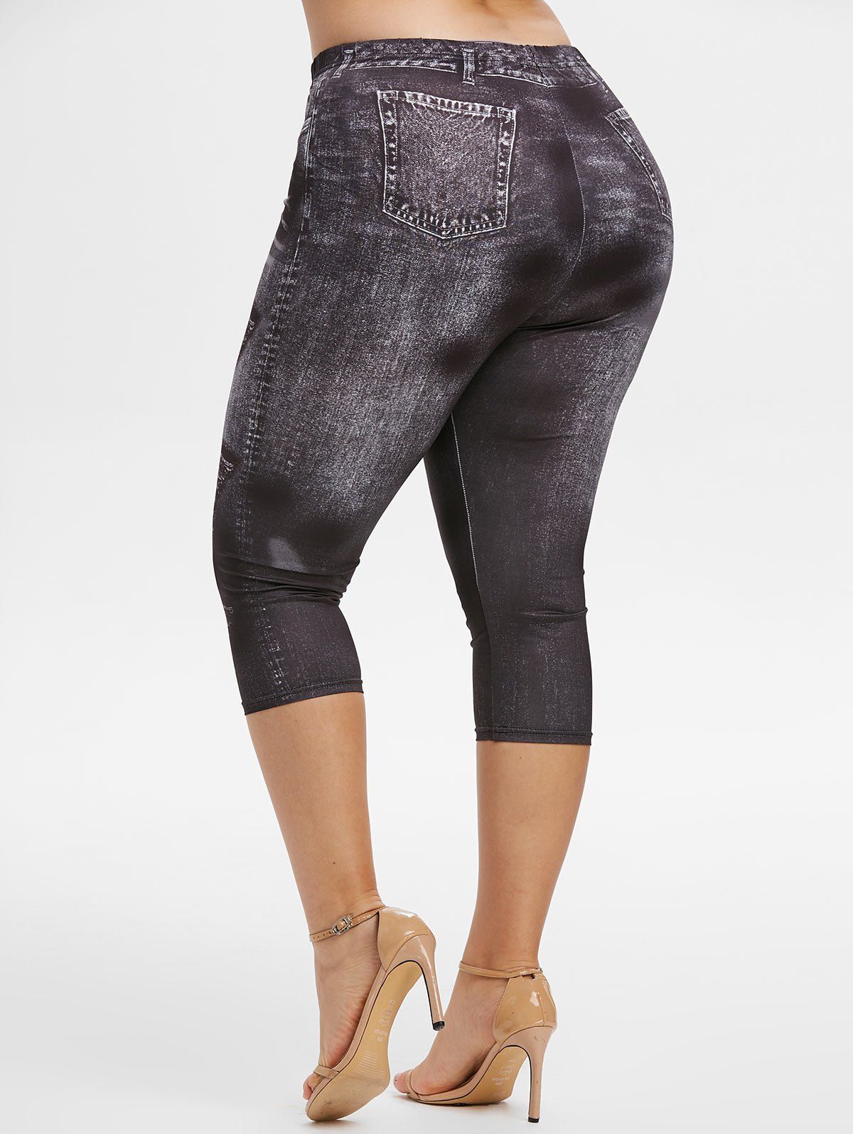 26 OFF 2020 Plus Size 3D Ripped Jean Print Cropped Leggings In BLACK