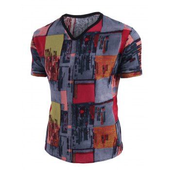 Ethnic Pattern Block V Neck Short Sleeve T Shirt, Multicolor 
Ethnic Pattern Block V Neck Short Sleeve T Shirt, Multicolor