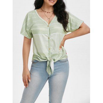 

Striped Knotted Button Front Tunic Raglan Sleeve Tee, Light green