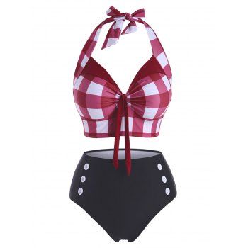 Plus Size Checkered Tied Halter Mock Button Tankini Swimwear, Deep red
Plus Size Checkered Tied Halter Mock Button Tankini Swimwear, Deep red