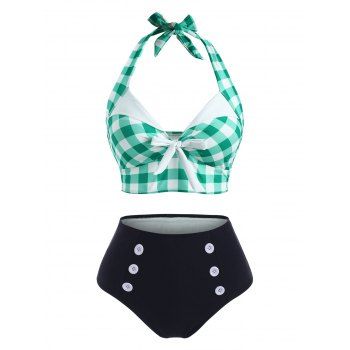 Tummy Control Tankini Swimwear Vintage Plaid Print Swimsuit Corset Style Mock Button Summer Beach Bathing Suit, Green
Tummy Control Tankini Swimwear Vintage Plaid Print Swimsuit Corset Style Mock Button Summer Beach Bathing Suit, Green