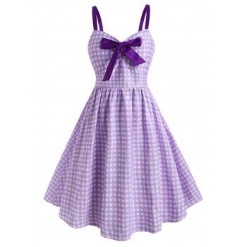 

Plus Size Bowknot Checked Fit and Flare Dress, Light purple