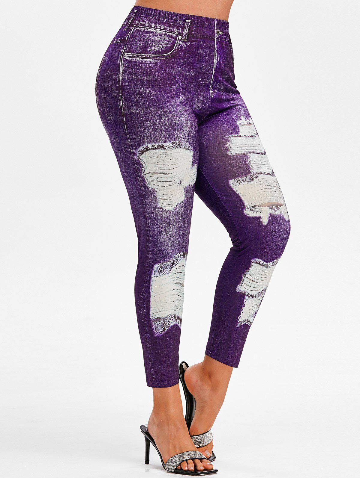 1 OFF 2020 Plus Size 3D Ripped Jean Print Ninth Jeggings In PURPLE