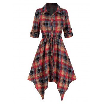 Plaid Print Drawstring Irregular Shirt Dress, Multicolor a 
Plaid Print Drawstring Irregular Shirt Dress, Multicolor a