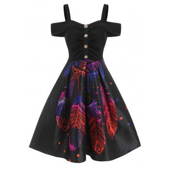Cold Shoulder Feather Bohemian A Line Dress Ruched Mock Button Gothic Flare Dress, Black
Cold Shoulder Feather Bohemian A Line Dress Ruched Mock Button Gothic Flare Dress, Black