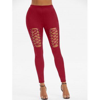

Rivet Detail Lace-up Gothic Leggings, Red wine