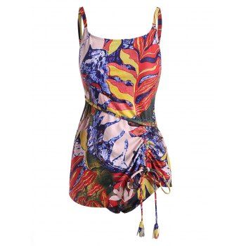 Flower Leaf Print Cinched Ruched Tankini Swimwear, Multicolor 
Flower Leaf Print Cinched Ruched Tankini Swimwear, Multicolor