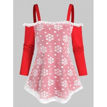 

Cold Shoulder Christmas Snowflake Lace T-shirt, Red