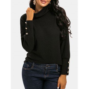 

Cowl Neck Ribbed Metallic Buttons Knitwear, Black