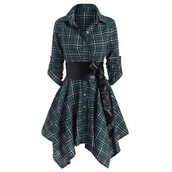 Convertible Plaid Belted Roll Up Sleeve Button Handkerchief Mini Dress, Deep green
Convertible Plaid Belted Roll Up Sleeve Button Handkerchief Mini Dress, Deep green