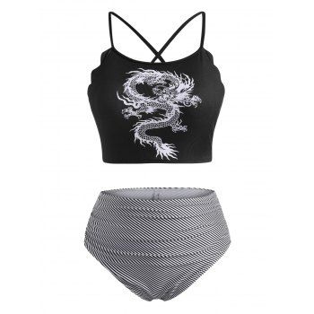 Plus Size Chinese Dragon Print Ribbed Lace-up Striped Tankini Swimwear, Black
Plus Size Chinese Dragon Print Ribbed Lace-up Striped Tankini Swimwear, Black