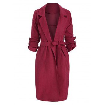 

Side Slit Roll Sleeve Wrap Trench Coat, Red