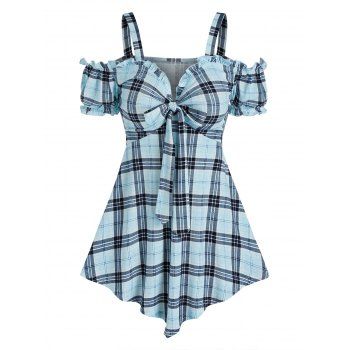 Plaid Print T Shirt Cold Shoulder Puff Sleeve T-shirt Ruffles Bowknot V Neck Tee, Light blue
Plaid Print T Shirt Cold Shoulder Puff Sleeve T-shirt Ruffles Bowknot V Neck Tee, Light blue