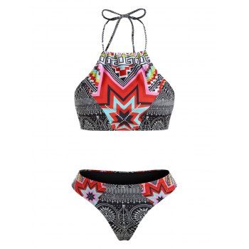 23 OFF 2024 Ethnic Style Geometrical Halter Bikini Set In BLACK