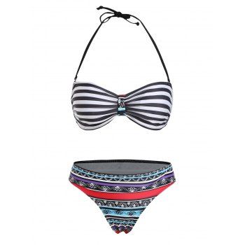 

Sexy Halter Neck Ethnic Print Striped Women's Bikini Set, Colormix