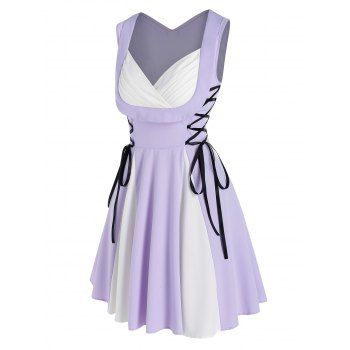 Colorblock Faux Twinset Dress Lace Up Mini Dress Ruched Surplice Contrast Godet Dress Sleeveless A Line Dress, Light purple
Colorblock Faux Twinset Dress Lace Up Mini Dress Ruched Surplice Contrast Godet Dress Sleeveless A Line Dress, Light purple