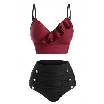 Tummy Control Bikini Swimwear Contrast Colorblock Swimsuit Mock Button Ruffle Sweet Summer Beach Bathing Suit, Deep red
Tummy Control Bikini Swimwear Contrast Colorblock Swimsuit Mock Button Ruffle Sweet Summer Beach Bathing Suit, Deep red