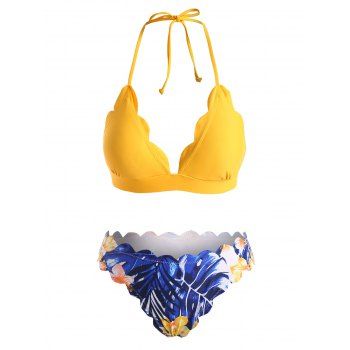 Halter Floral Leaf Scalloped Tropical Bikini Swimwear, Yellow
Halter Floral Leaf Scalloped Tropical Bikini Swimwear, Yellow