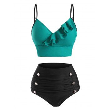Tummy Control Bikini Swimwear Contrast Colorblock Swimsuit Mock Button Ruffle Sweet Summer Beach Bathing Suit, Green
Tummy Control Bikini Swimwear Contrast Colorblock Swimsuit Mock Button Ruffle Sweet Summer Beach Bathing Suit, Green