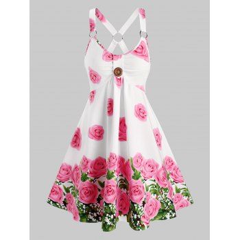 Sleeveless O-ring Rose Flower Print Sundress, Light pink 
Sleeveless O-ring Rose Flower Print Sundress, Light pink